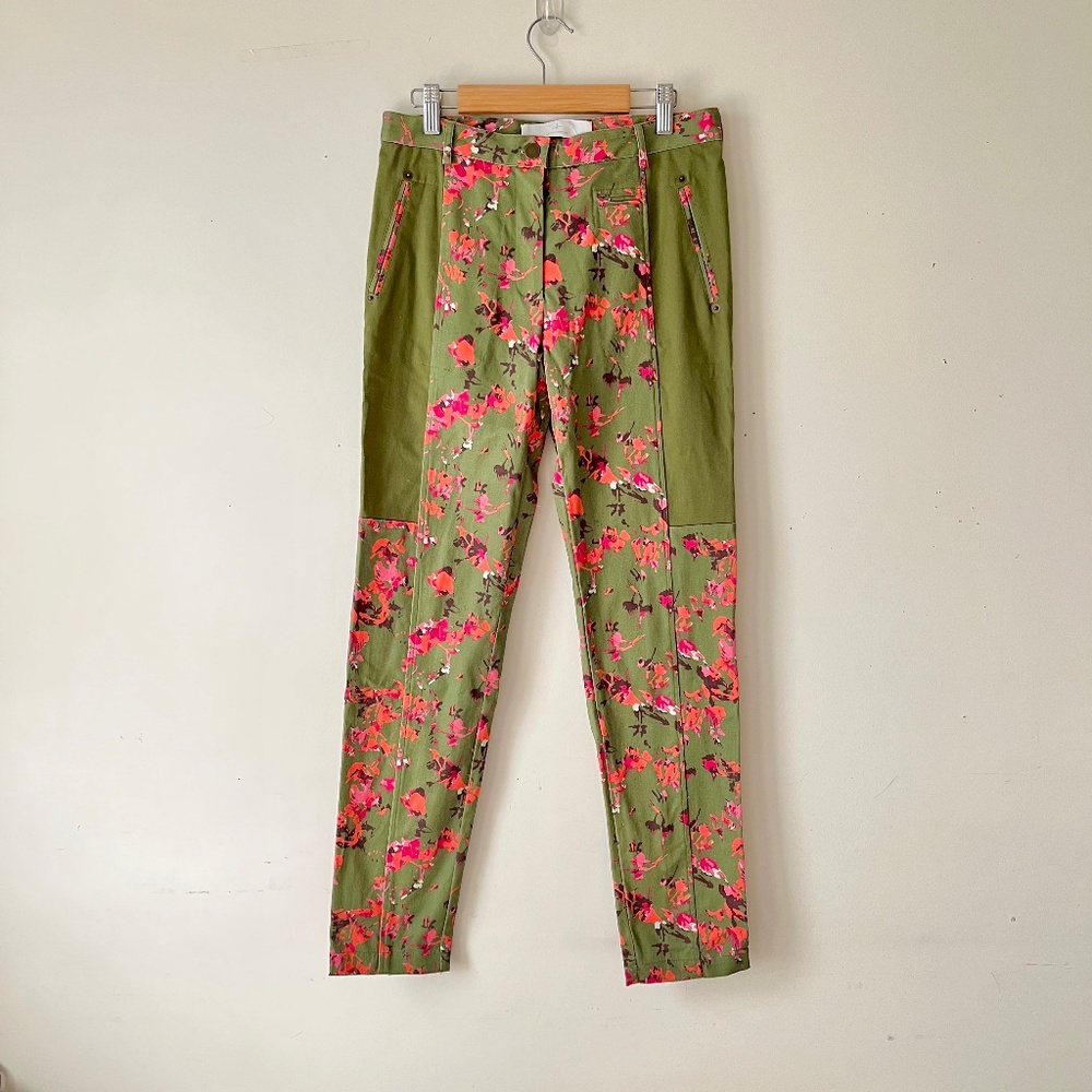 Thakoon Stretch Cotton Skinny Pants Olive Green Red Flower Print Color Patch